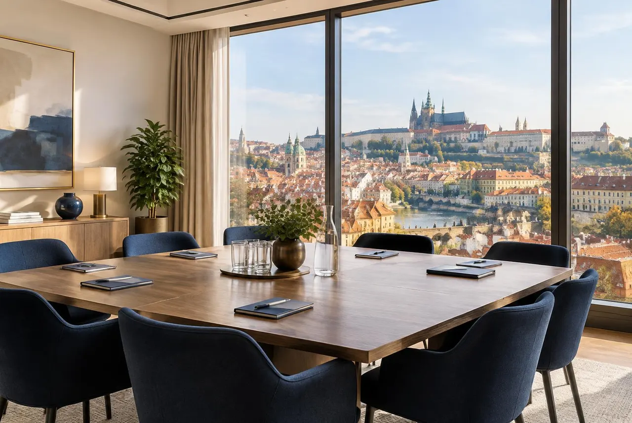 Bright meeting room overlooking Prague Castle, Exero Group in Prague